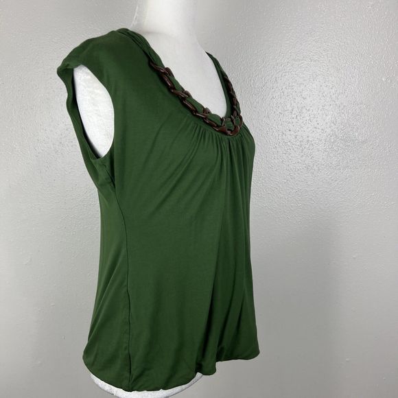 Classiques Entier Blouse Women Medium Green Brown Wood Chain Collar Casual Top - Picture 3 of 12